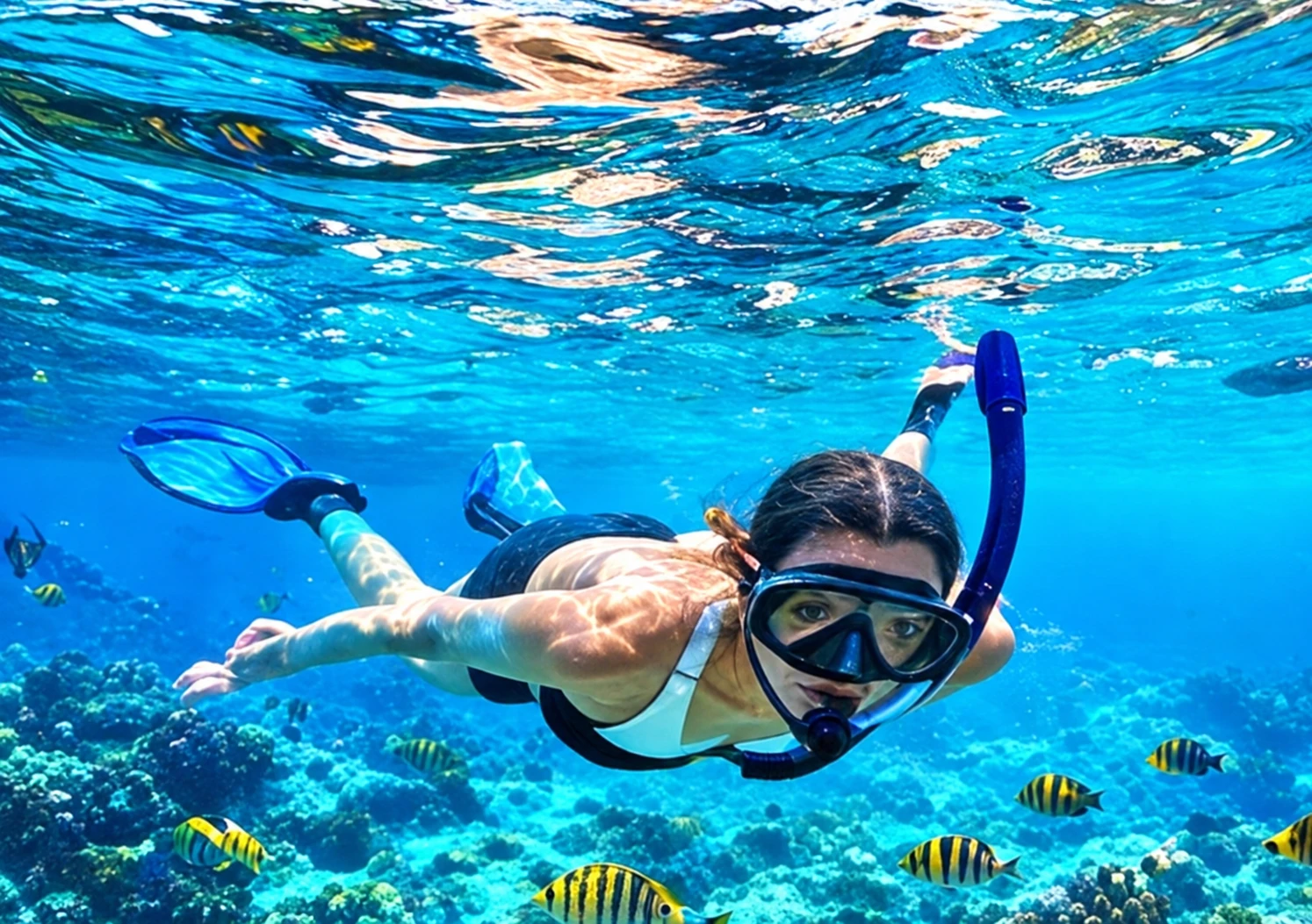 Resenärer snorklar i klart tropiskt vatten utanför Sri Lankas kust.