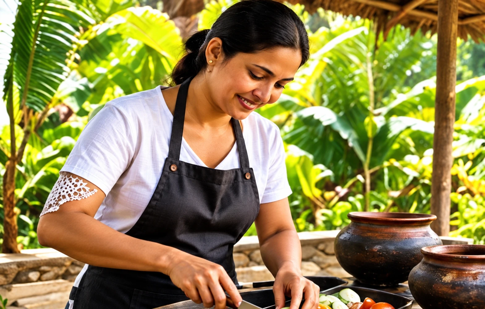 Sri Lankan food is prepared with fresh ingredients during a village cooking session.