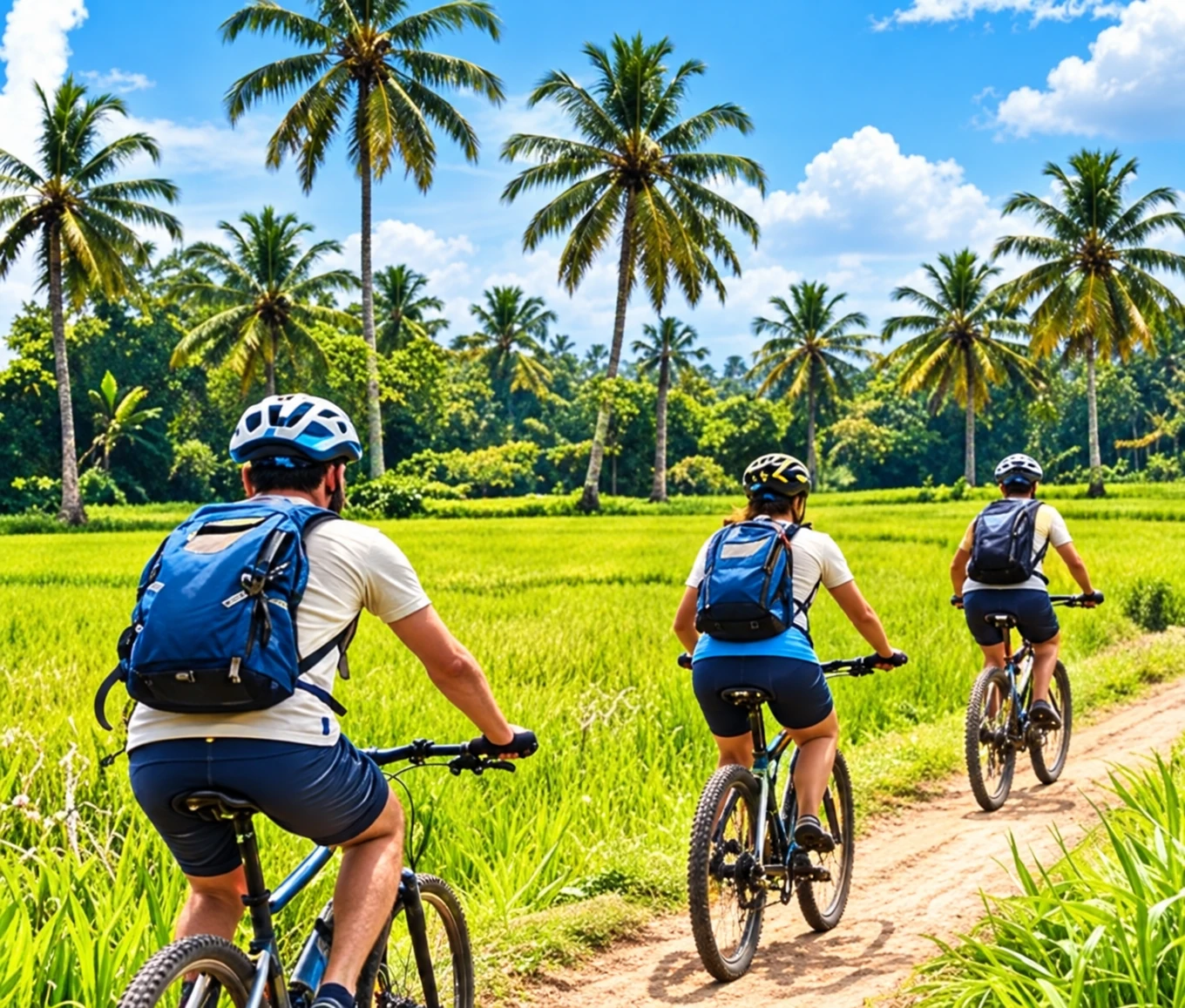 Travellers cycle through a tropical village landscape in Sri Lanka.