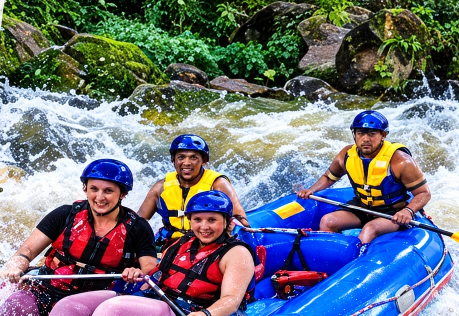 Rafters follow the current through a green, tropical river landscape in Sri Lanka.